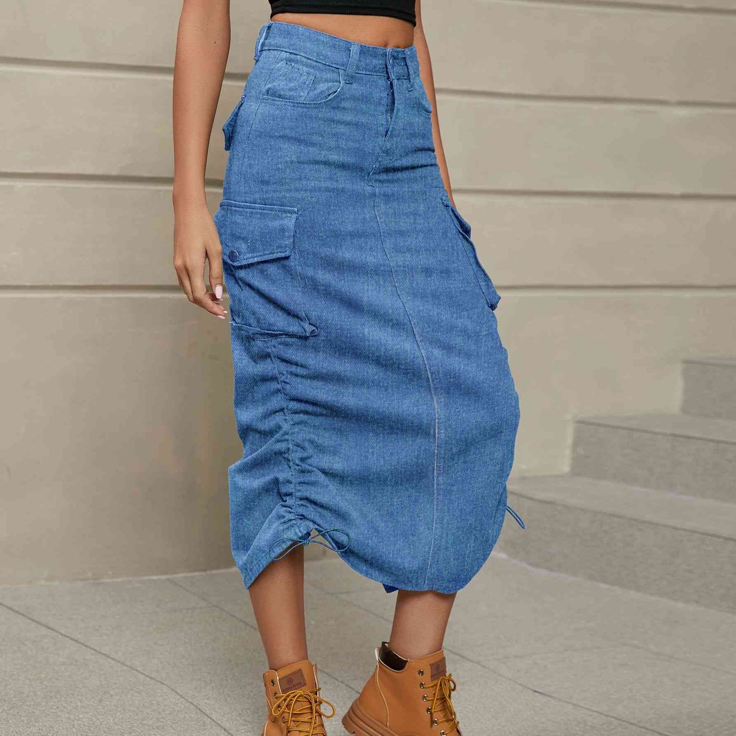Drawstring Ruched Denim Midi Skirt - GLS Clothing Shop