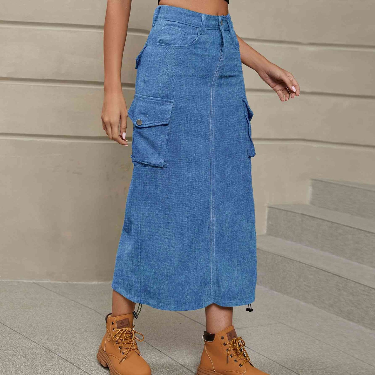 Drawstring Ruched Denim Midi Skirt - GLS Clothing Shop