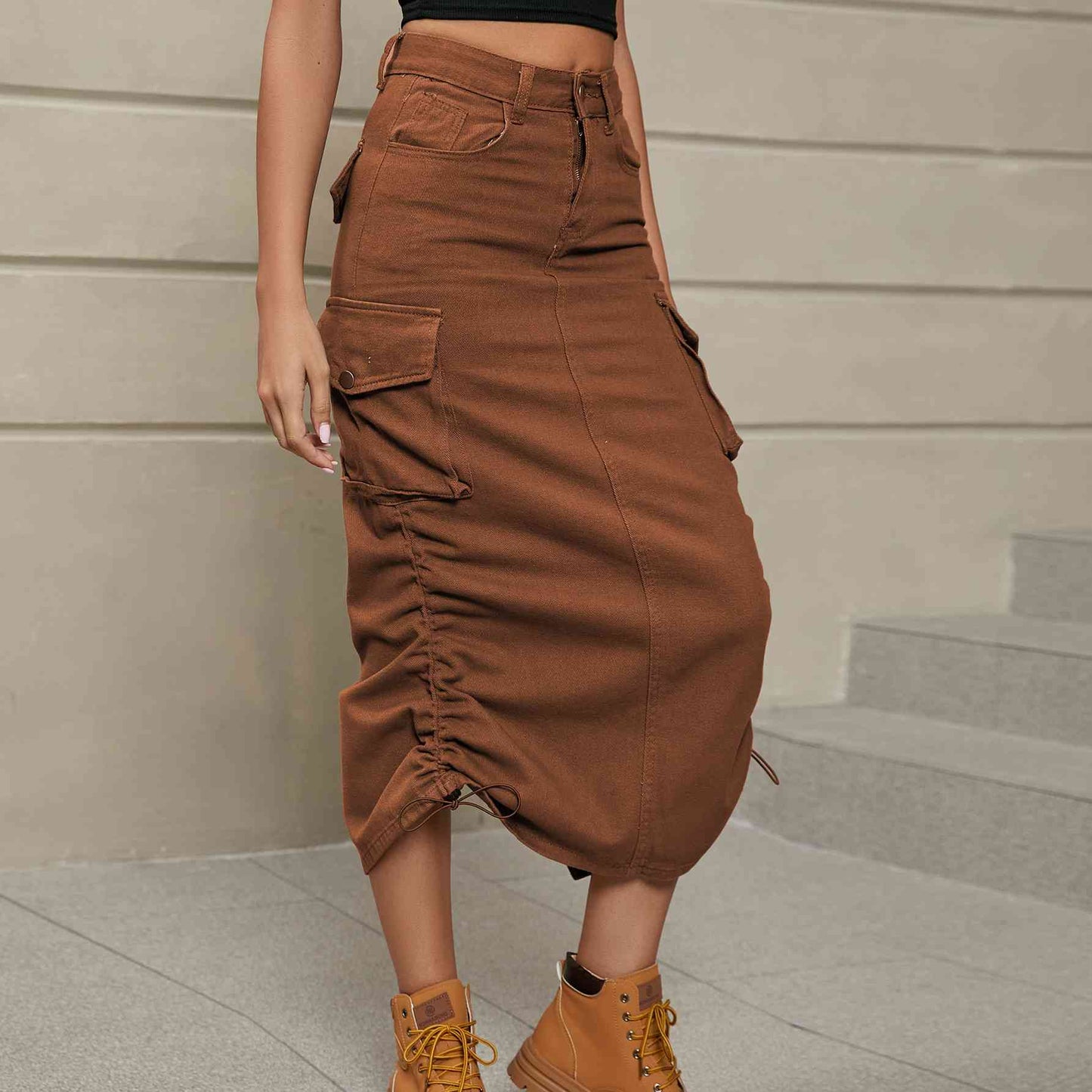 Drawstring Ruched Denim Midi Skirt - GLS Clothing Shop