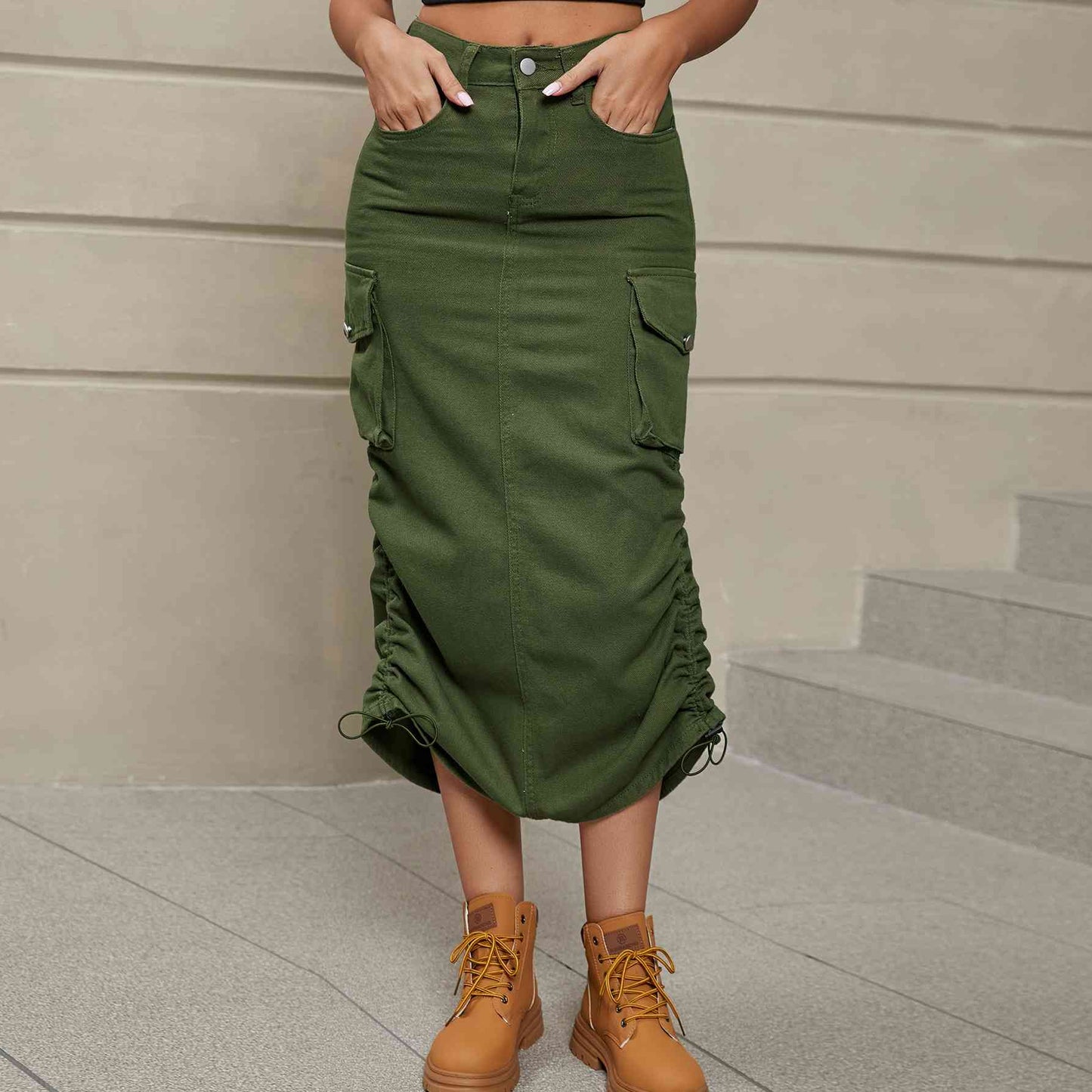 Drawstring Ruched Denim Midi Skirt - GLS Clothing Shop
