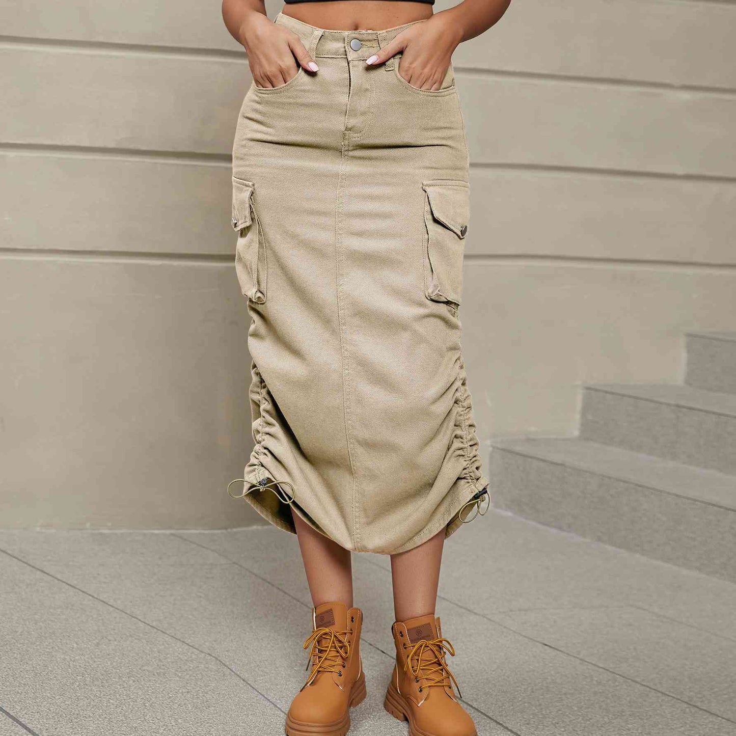 Drawstring Ruched Denim Midi Skirt - GLS Clothing Shop