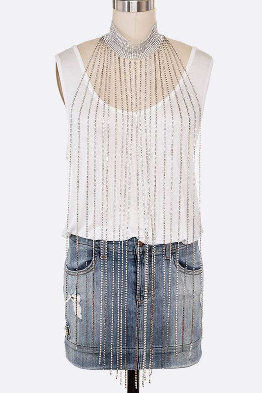 Extra Long Fringe Rhinestone Choker Necklace - GLS Clothing Shop