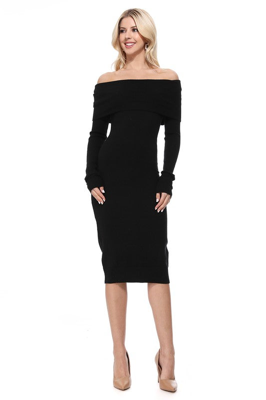 Off Shoulder Long Sleeve Slim Fit Midi Knit Dress - GLS Clothing Shop