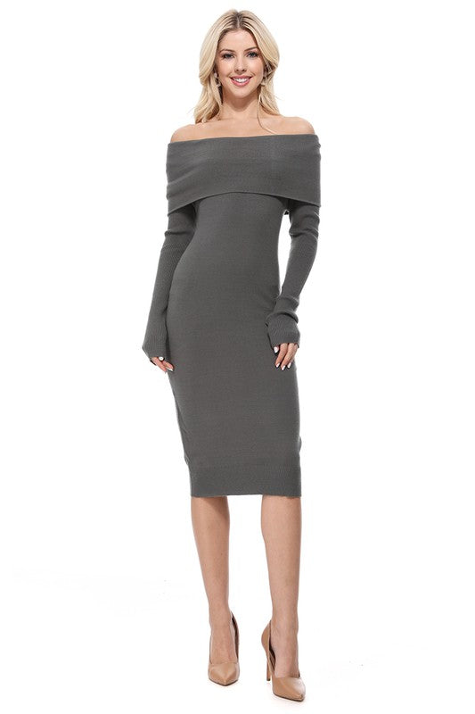 Off Shoulder Long Sleeve Slim Fit Midi Knit Dress - GLS Clothing Shop