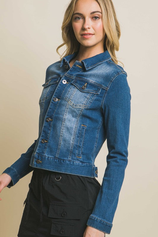 Distressed Button Up Stretchy Cotton Denim Jacket - GLS Clothing Shop