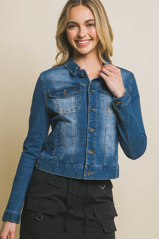 Distressed Button Up Stretchy Cotton Denim Jacket - GLS Clothing Shop