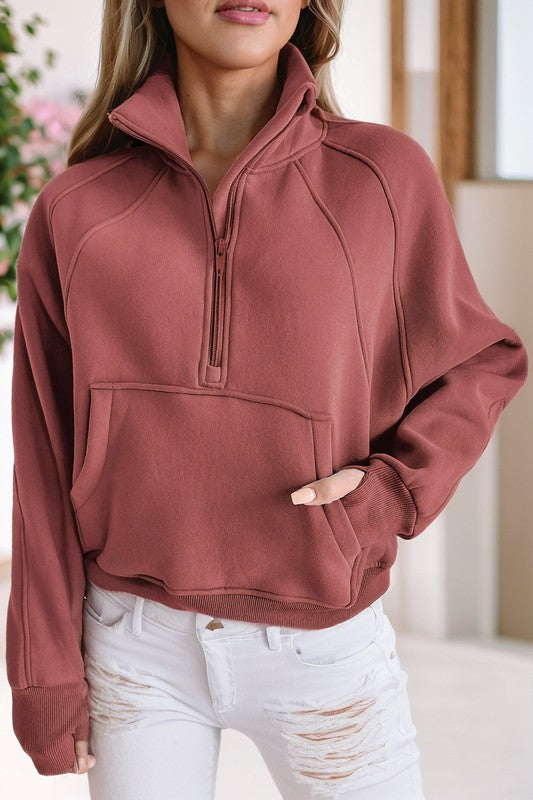 Stand Collar Ribbed Thumbhole Sleeve Sweatshirt - GLS Clothing Shop