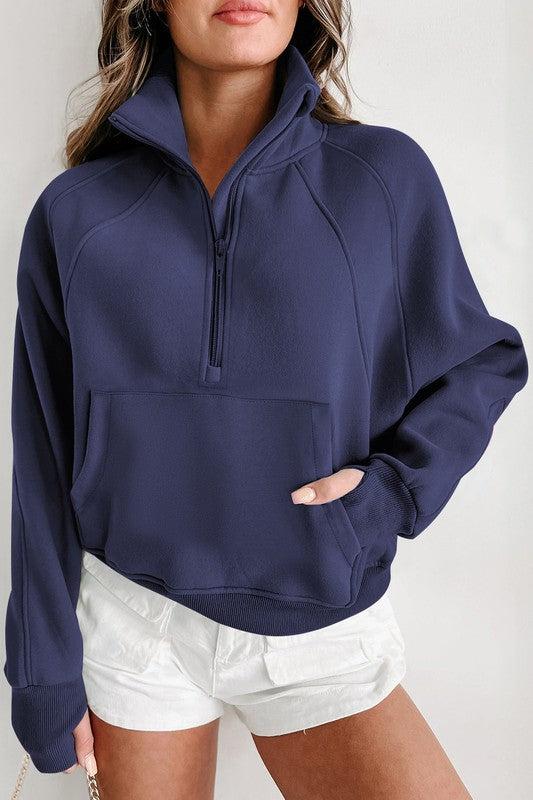 Stand Collar Ribbed Thumbhole Sleeve Sweatshirt - GLS Clothing Shop