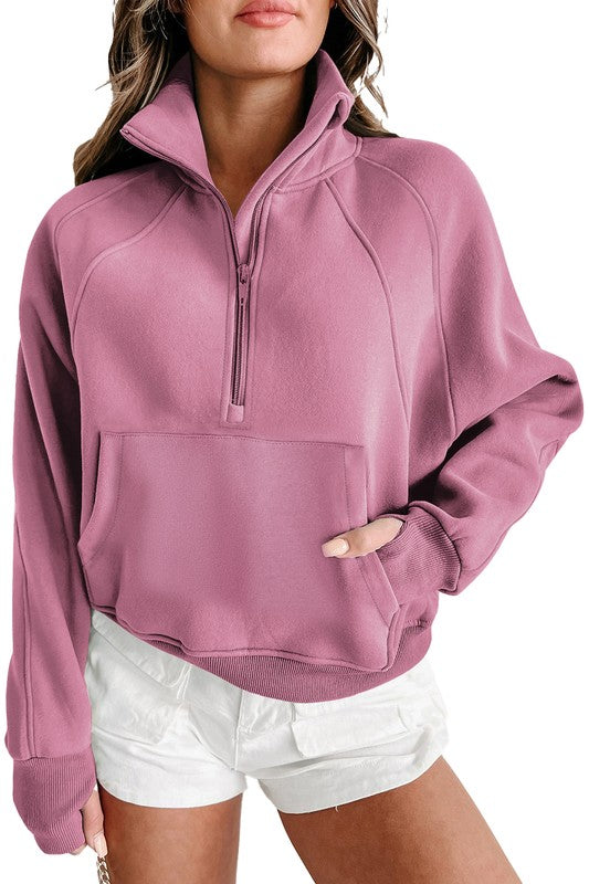 Stand Collar Ribbed Thumbhole Sleeve Sweatshirt - GLS Clothing Shop