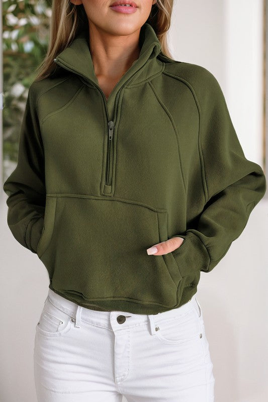 Stand Collar Ribbed Thumbhole Sleeve Sweatshirt - GLS Clothing Shop