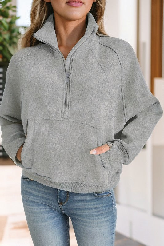 Stand Collar Ribbed Thumbhole Sleeve Sweatshirt - GLS Clothing Shop