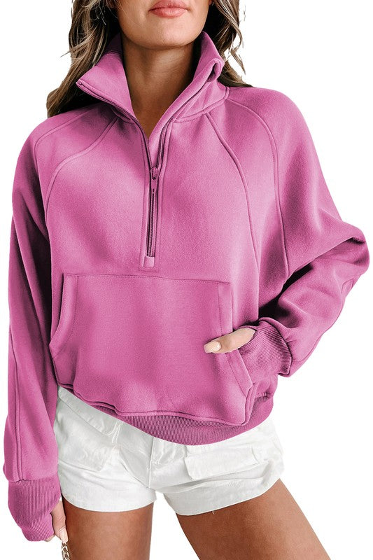 Stand Collar Ribbed Thumbhole Sleeve Sweatshirt - GLS Clothing Shop