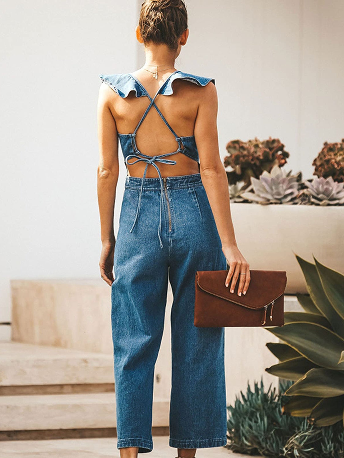 Ruffled Backless Sleeveless Denim Jumpsuit - GLS Clothing Shop