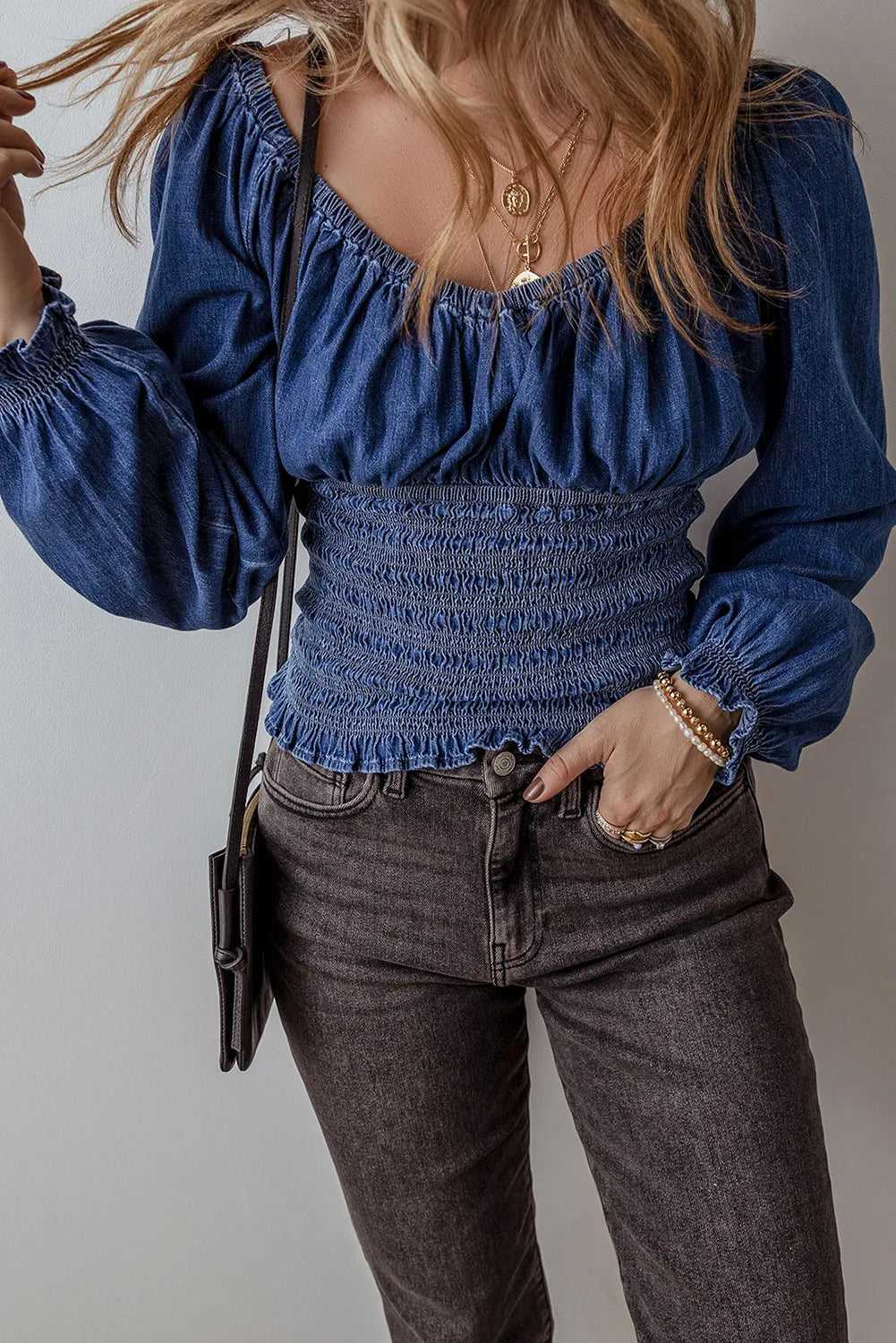 Smocked Long Sleeve Denim Top - GLS Clothing Shop