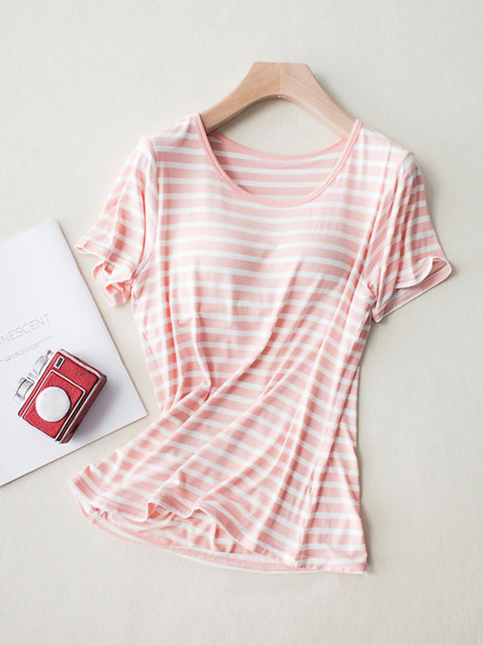 Striped Round Neck Short Sleeve T-Shirt with Bra - GLS Clothing Shop