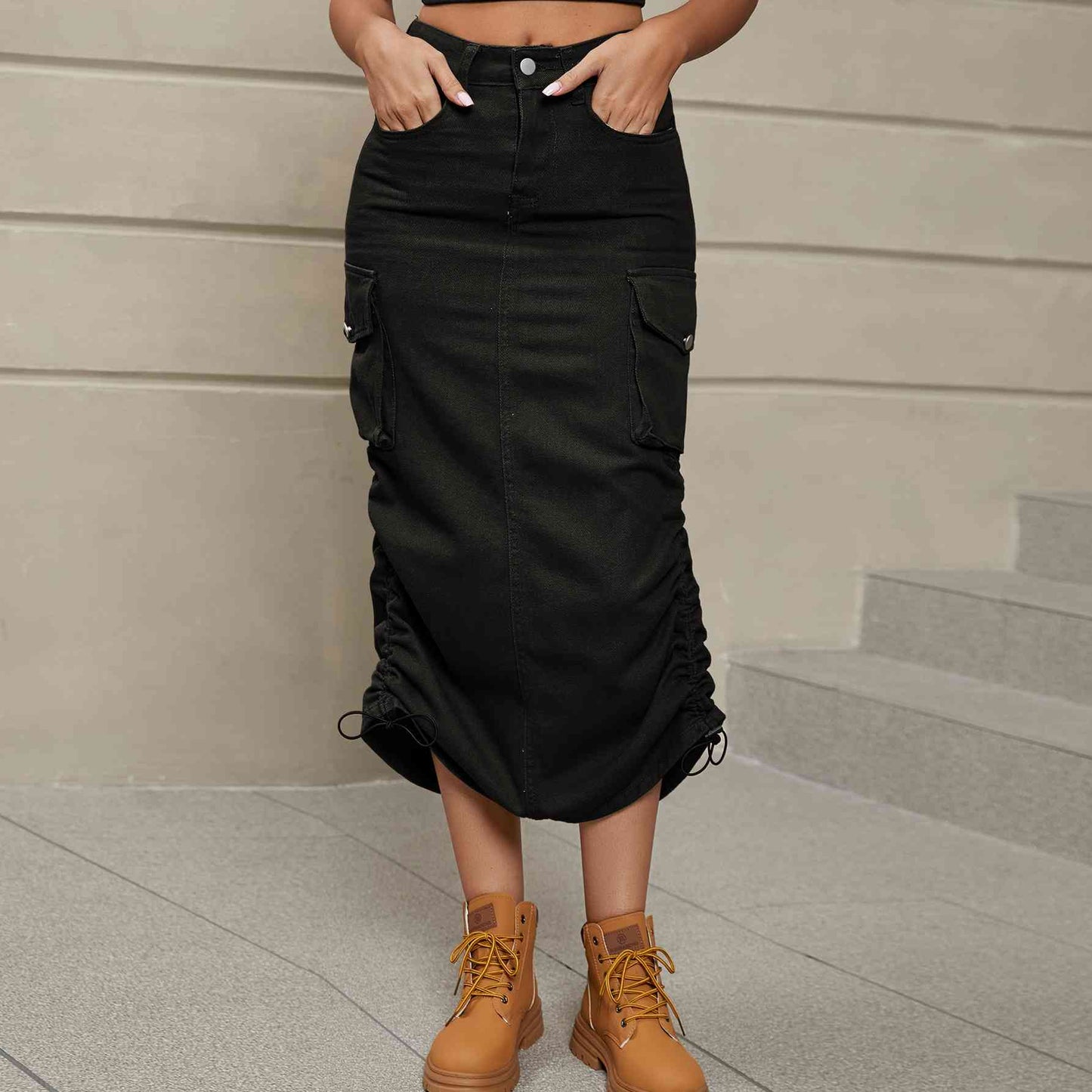 Drawstring Ruched Denim Midi Skirt - GLS Clothing Shop