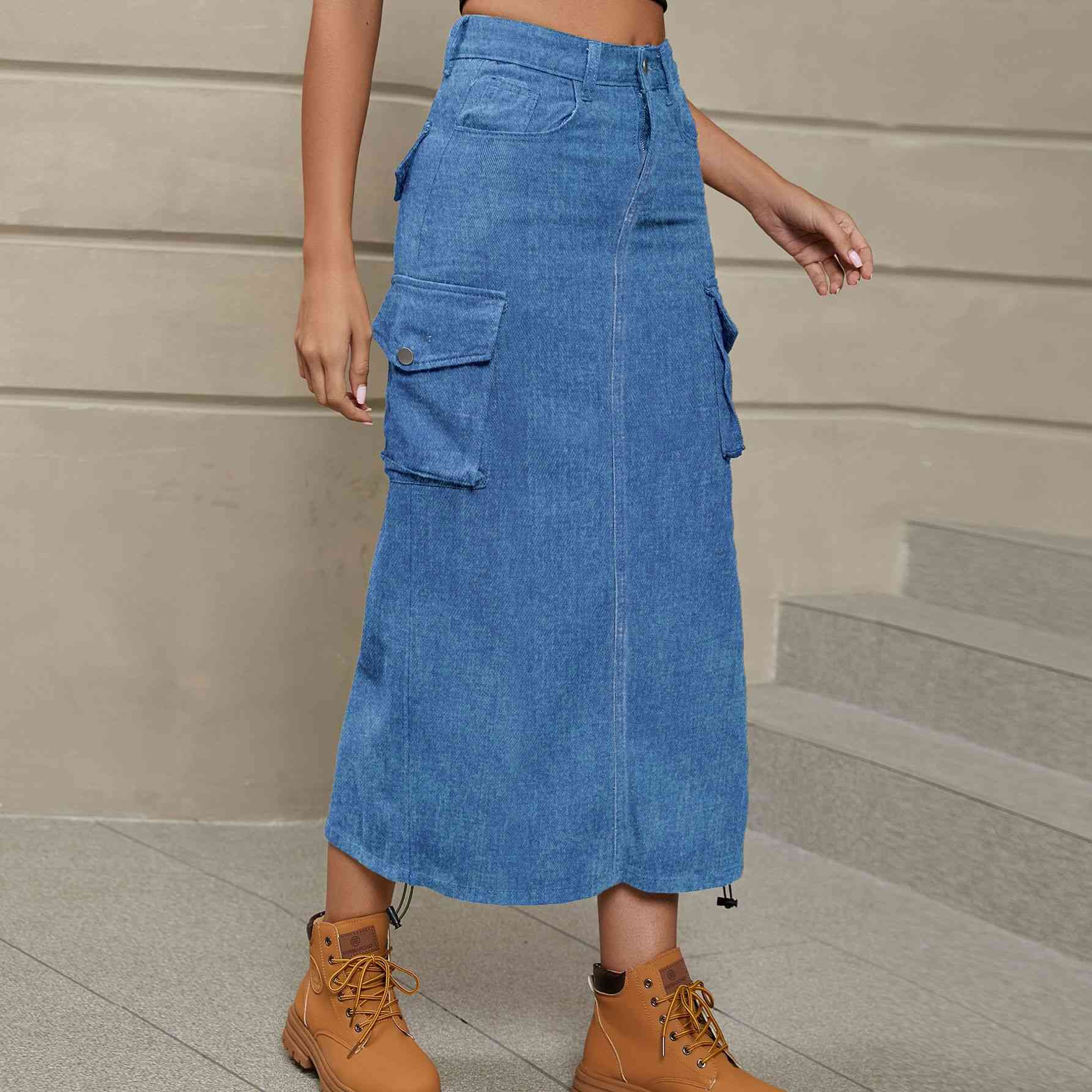 Drawstring Ruched Denim Midi Skirt - GLS Clothing Shop