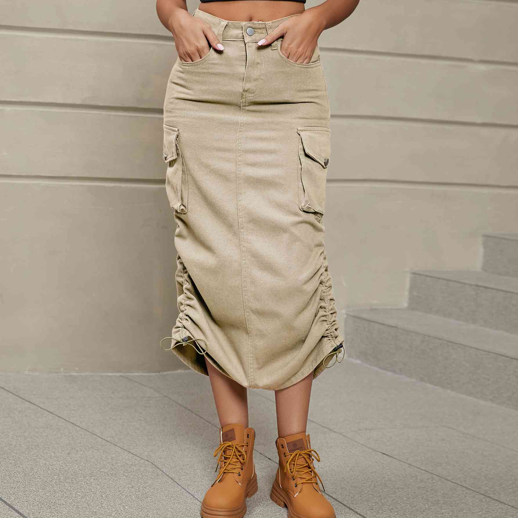 Drawstring Ruched Denim Midi Skirt - GLS Clothing Shop