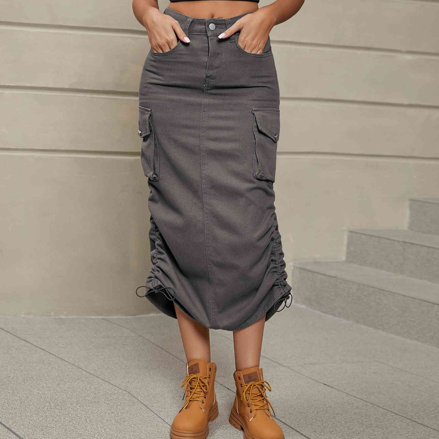 Drawstring Ruched Denim Midi Skirt - GLS Clothing Shop