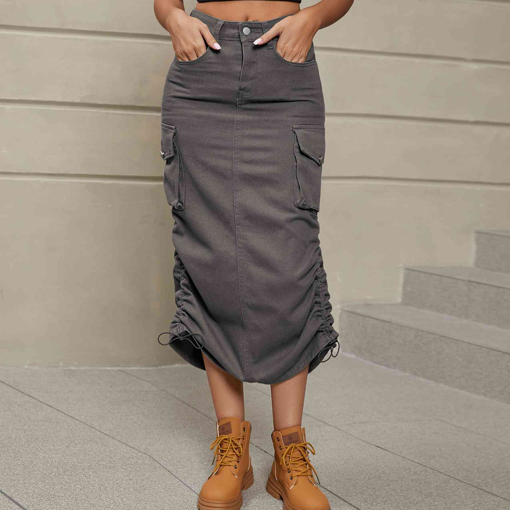 Drawstring Ruched Denim Midi Skirt - GLS Clothing Shop