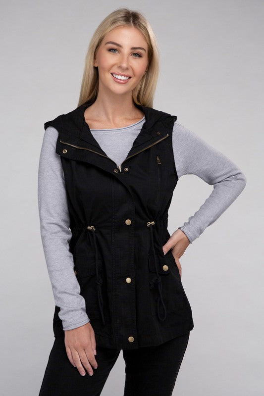 Drawstring Waist Military Hoodie Vest - GLS Clothing Shop