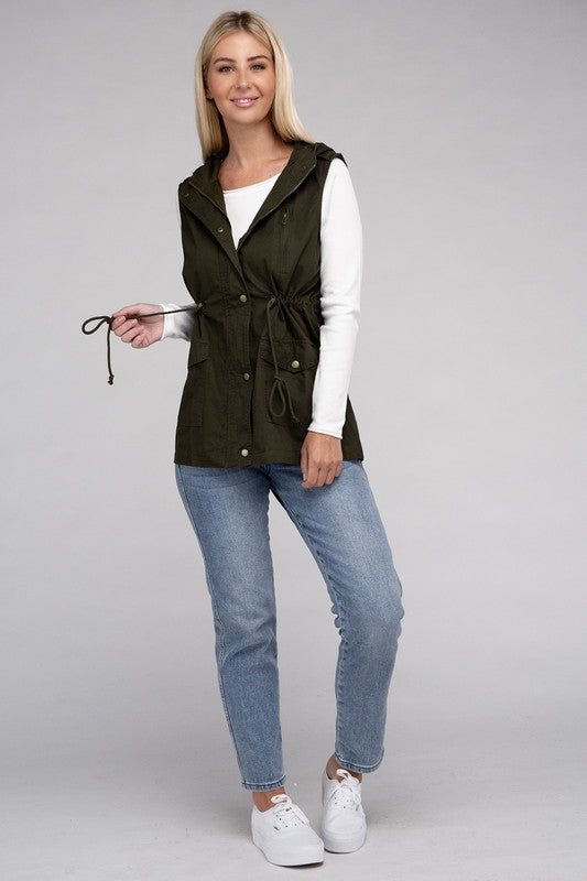 Drawstring Waist Military Hoodie Vest - GLS Clothing Shop