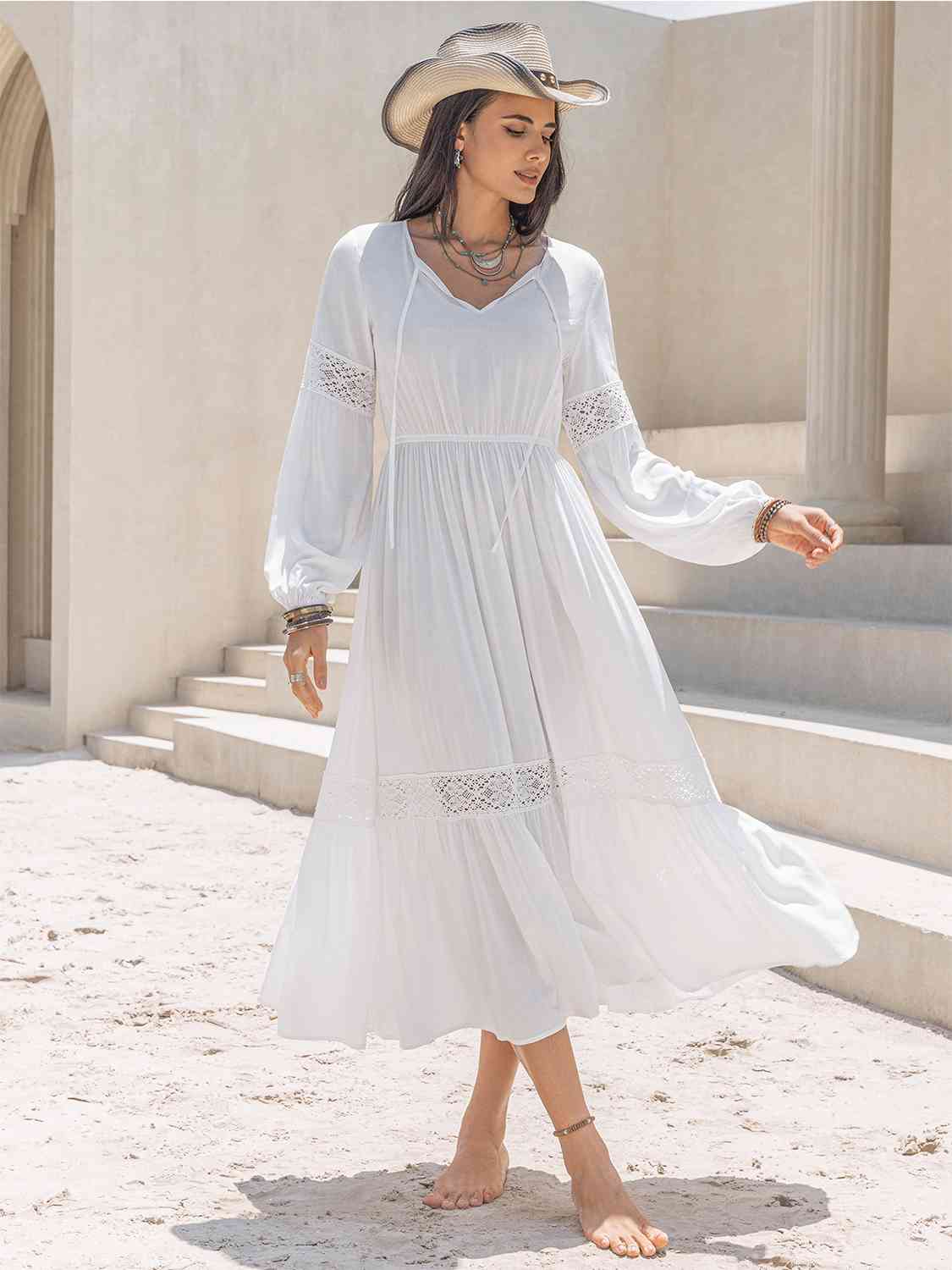 Tie Neck Balloon Sleeve Midi Dress - GLS Clothing Shop