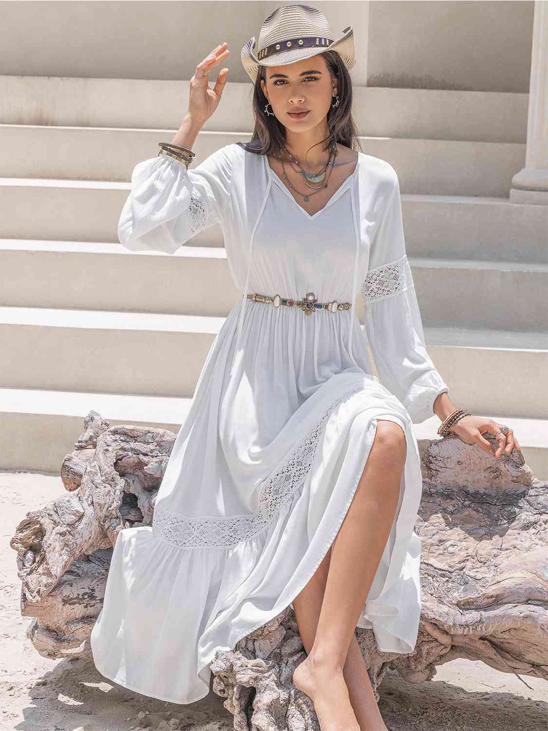 Tie Neck Balloon Sleeve Midi Dress - GLS Clothing Shop