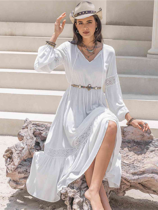 Tie Neck Balloon Sleeve Midi Dress - GLS Clothing Shop