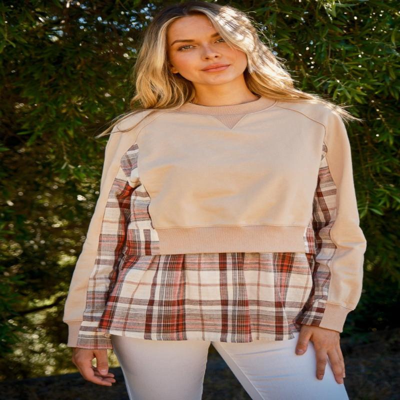 And The Why Full Size Double Layered Plaid Contrast Sweatshirt - GLS Clothing Shop