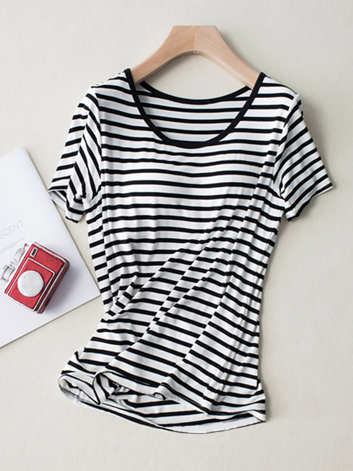 Striped Round Neck Short Sleeve T-Shirt with Bra - GLS Clothing Shop