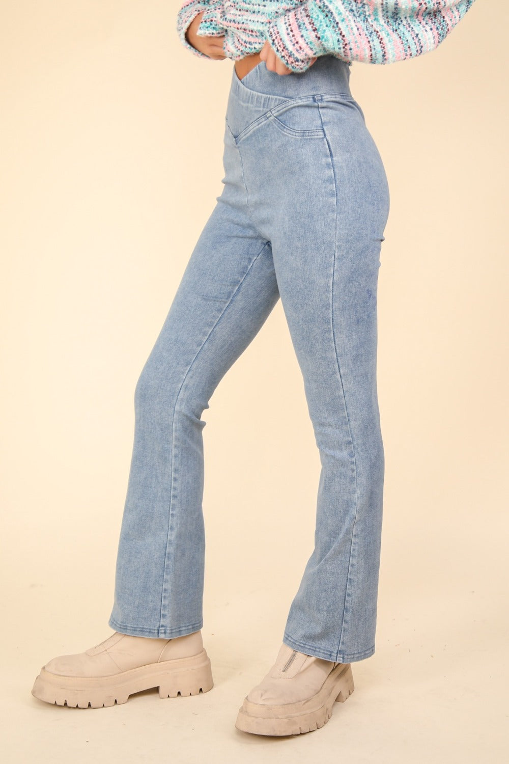 VERY J Washed Denim Stretchy Crossover Waist Leggings - GLS Clothing Shop