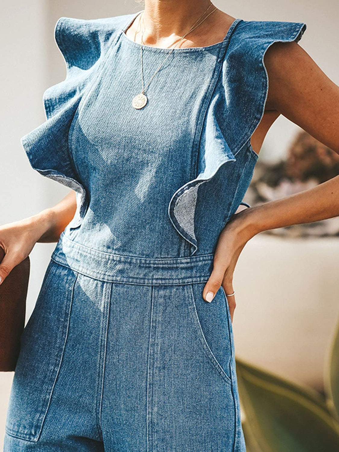 Ruffled Backless Sleeveless Denim Jumpsuit - GLS Clothing Shop