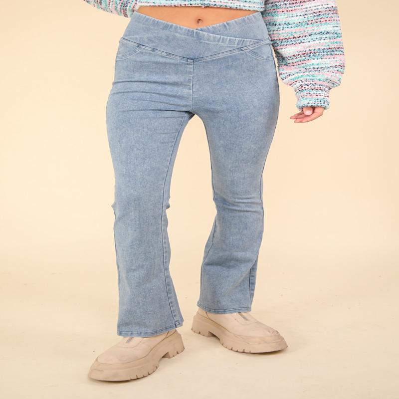 VERY J Washed Denim Stretchy Crossover Waist Leggings - GLS Clothing Shop