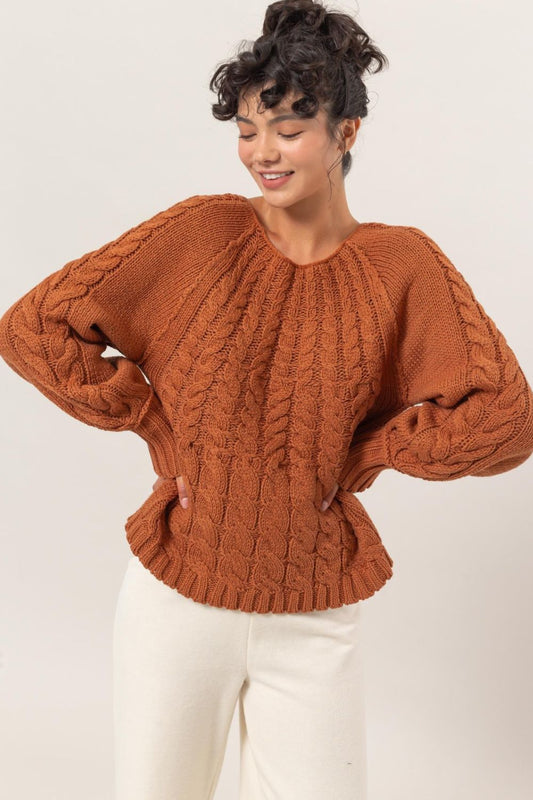 HYFVE Cable-Knit Round Neck Raglan Sleeve Sweater - GLS Clothing Shop