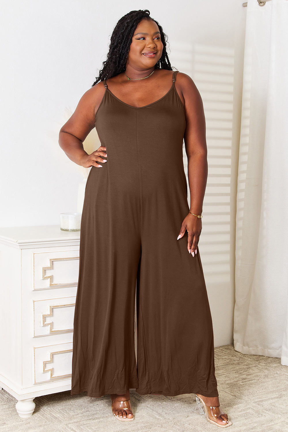 Double Take Full Size Soft Rayon Spaghetti Strap Tied Wide Leg Jumpsuit - GLS Clothing Shop