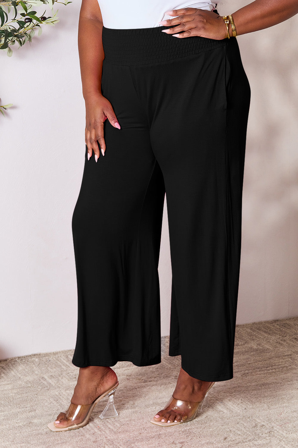 Double Take Full Size Smocked Wide Waistband Wide Leg Pants - GLS Clothing Shop