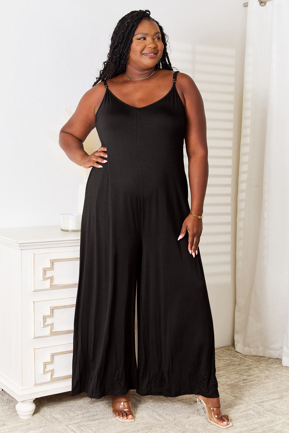 Double Take Full Size Soft Rayon Spaghetti Strap Tied Wide Leg Jumpsuit - GLS Clothing Shop