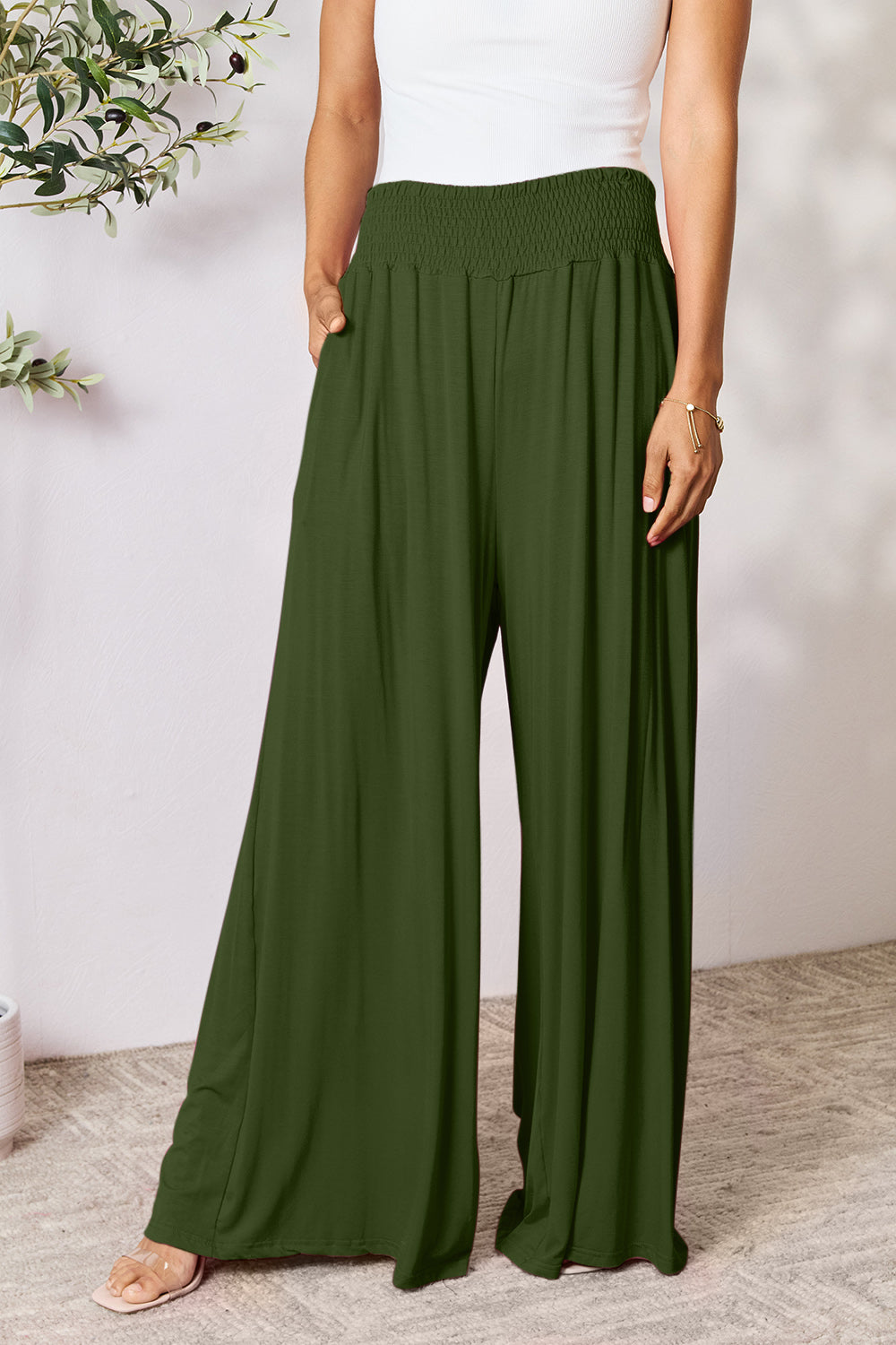 Double Take Full Size Smocked Wide Waistband Wide Leg Pants - GLS Clothing Shop