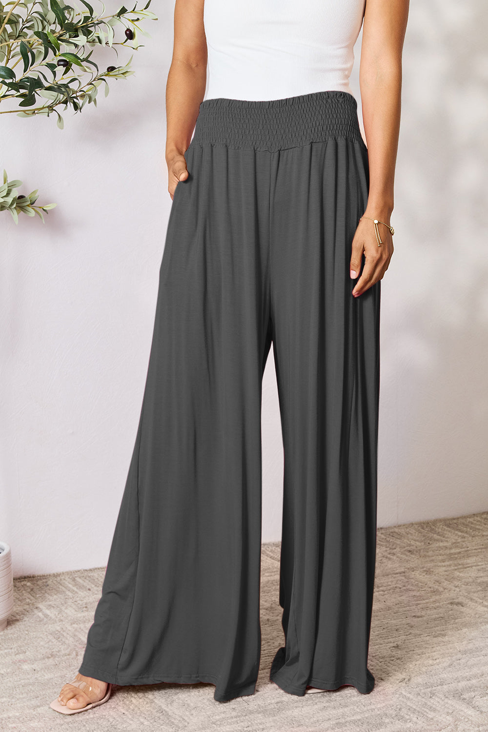 Double Take Full Size Smocked Wide Waistband Wide Leg Pants - GLS Clothing Shop