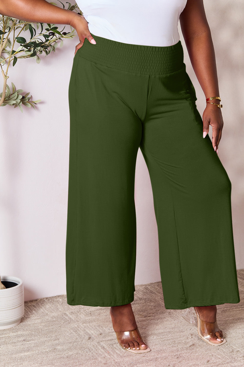 Double Take Full Size Smocked Wide Waistband Wide Leg Pants - GLS Clothing Shop