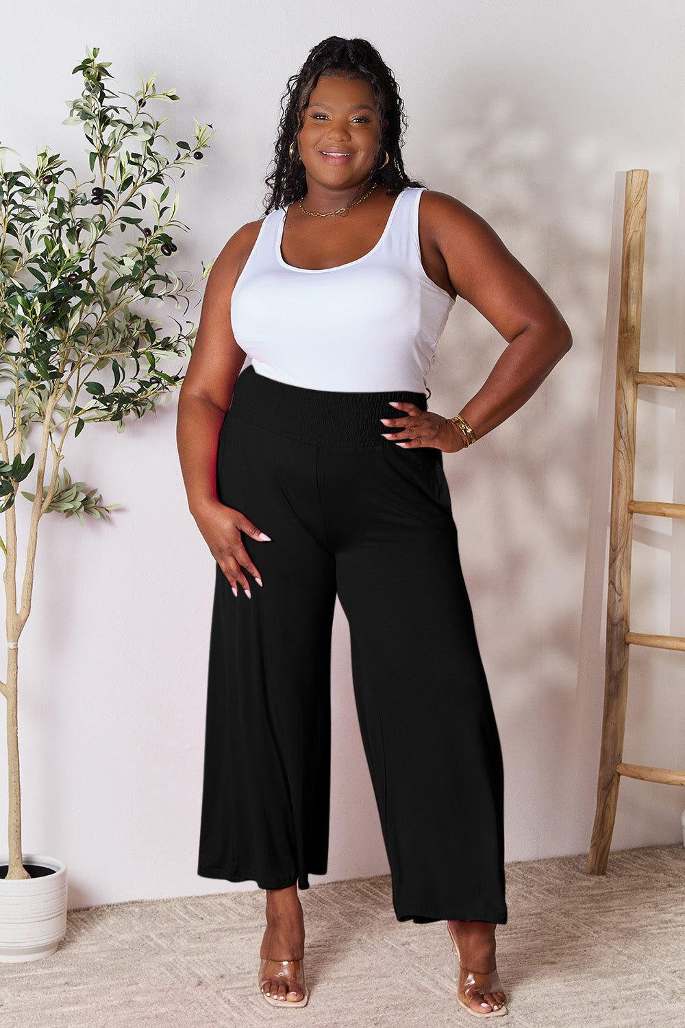 Double Take Full Size Smocked Wide Waistband Wide Leg Pants - GLS Clothing Shop