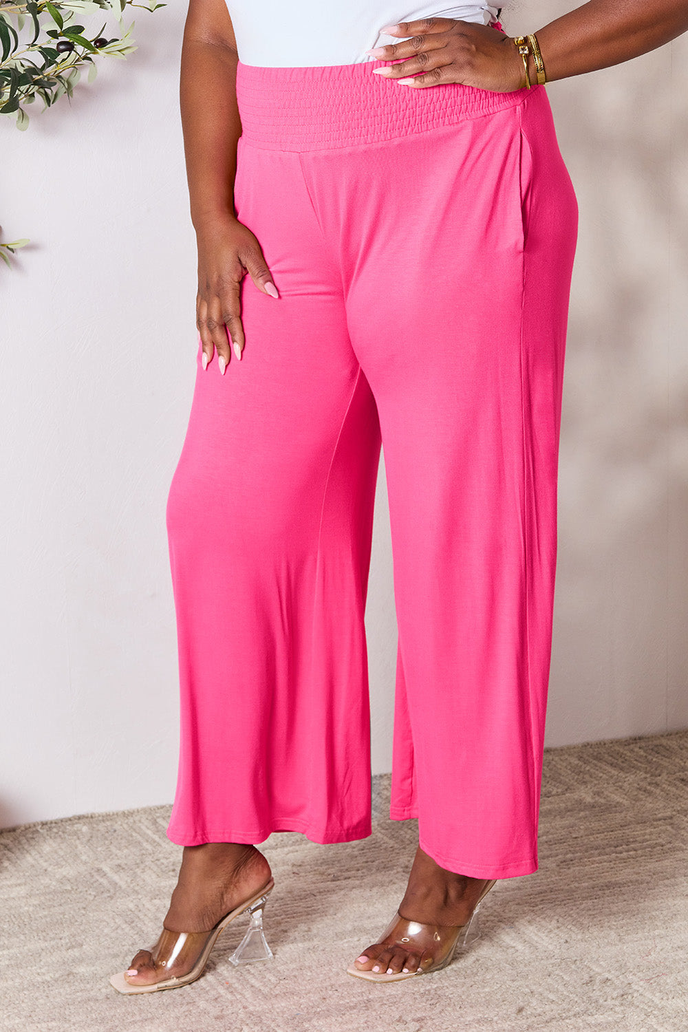 Double Take Full Size Smocked Wide Waistband Wide Leg Pants - GLS Clothing Shop