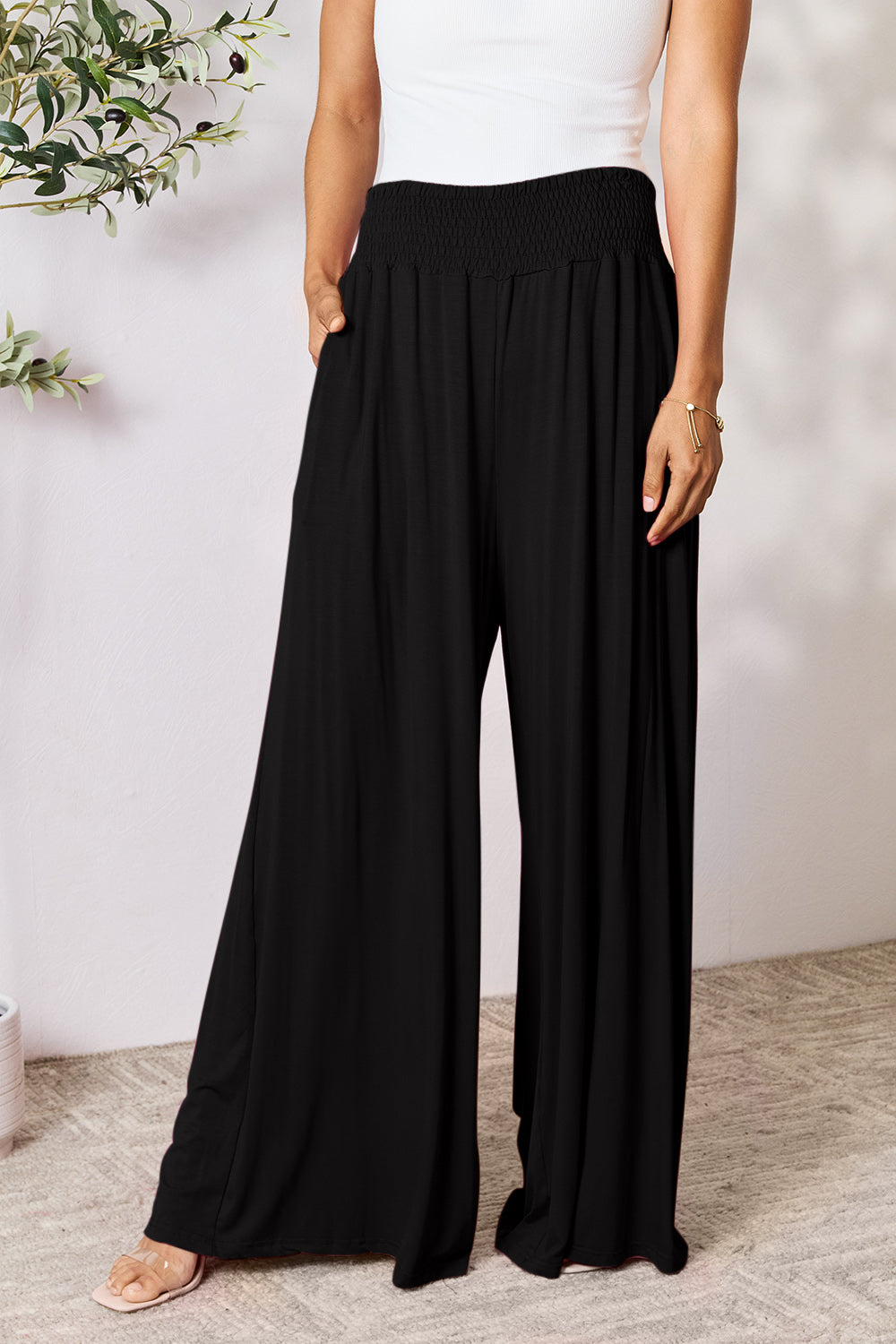 Double Take Full Size Smocked Wide Waistband Wide Leg Pants - GLS Clothing Shop