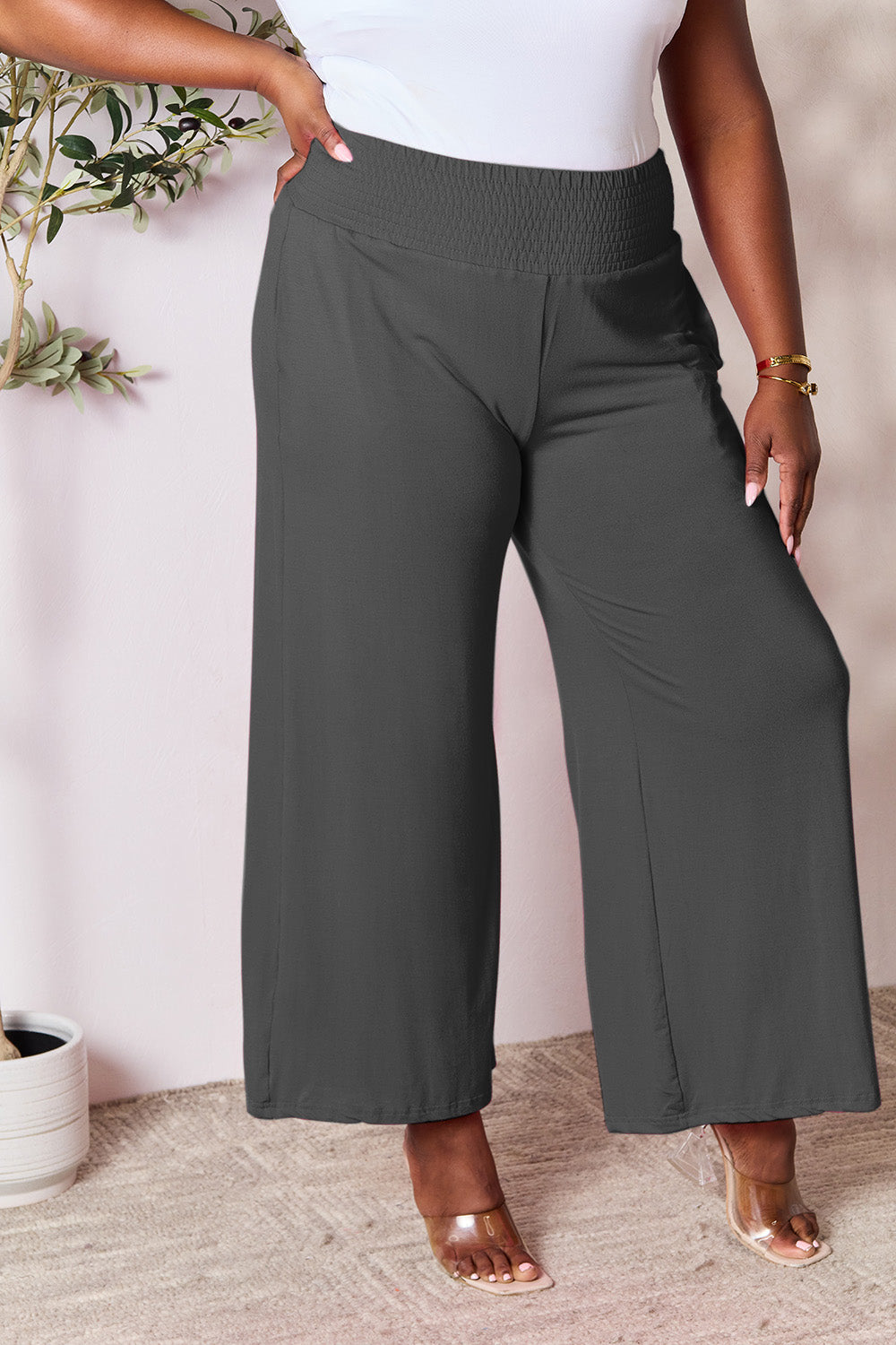 Double Take Full Size Smocked Wide Waistband Wide Leg Pants - GLS Clothing Shop