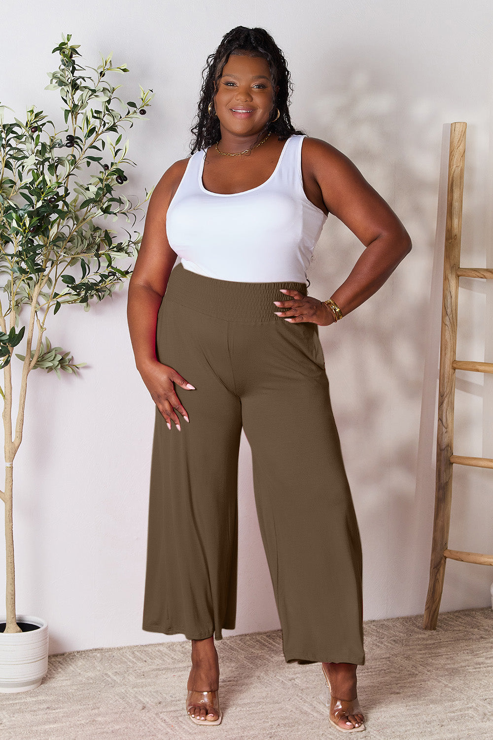 Double Take Full Size Smocked Wide Waistband Wide Leg Pants - GLS Clothing Shop