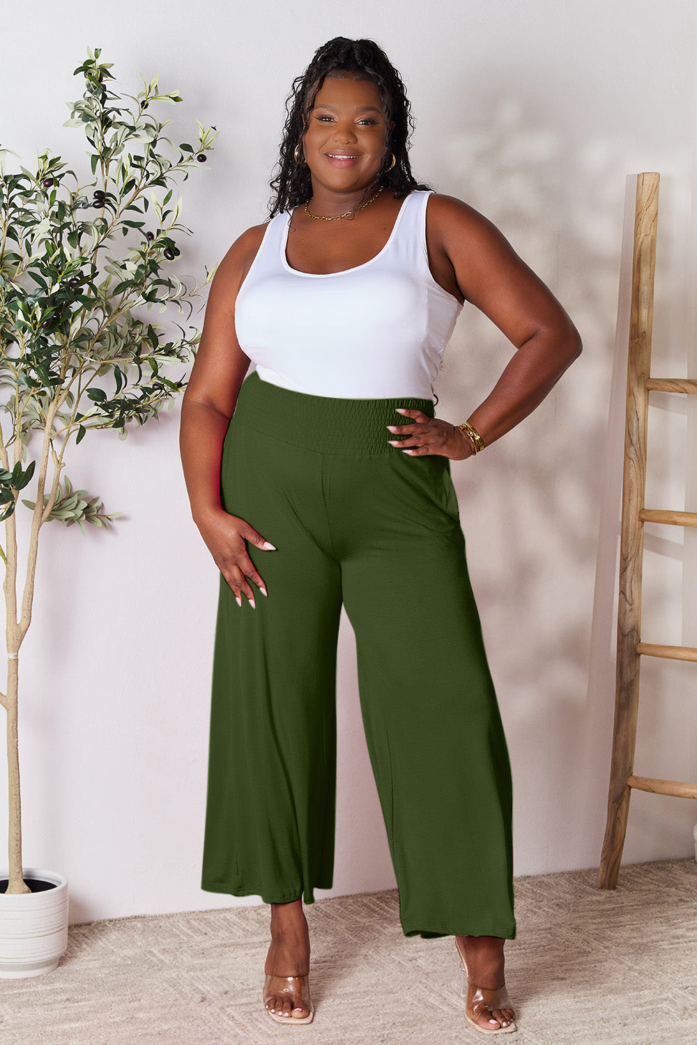 Double Take Full Size Smocked Wide Waistband Wide Leg Pants - GLS Clothing Shop