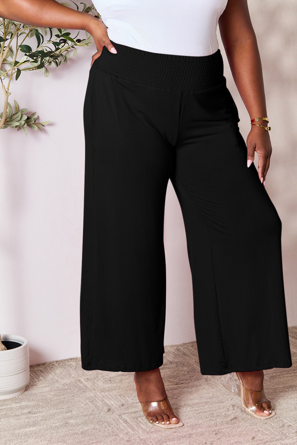 Double Take Full Size Smocked Wide Waistband Wide Leg Pants - GLS Clothing Shop